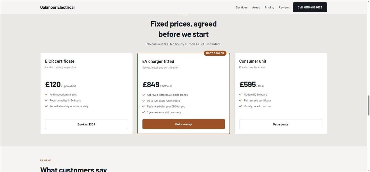 The pricing page of an electrician's website
